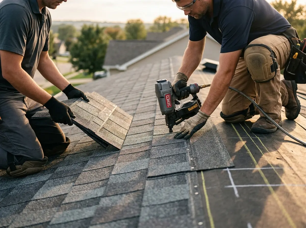 Professional roofer working on a residential roof in Langley Park
